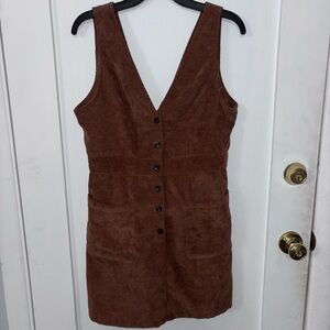 SHEIN Brown Corduroy V-Neck Button Front Mini Dress